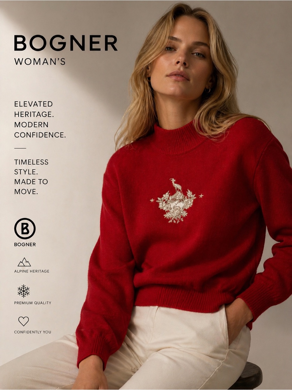 Bogner Red Turtleneck Sweater with Gold Embroidered Motif small